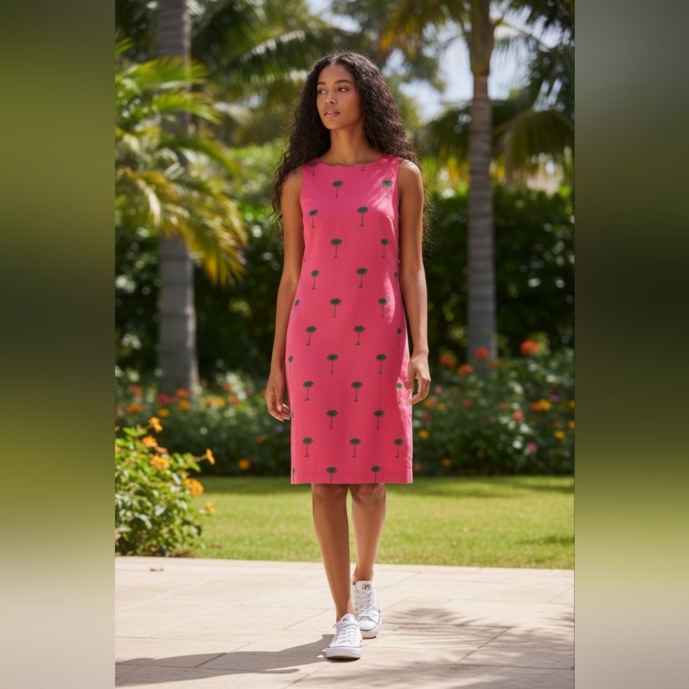 Address Maggy Pink & Green Sleeveless Linen Blend Dress Size 14‎ Palm Trees
